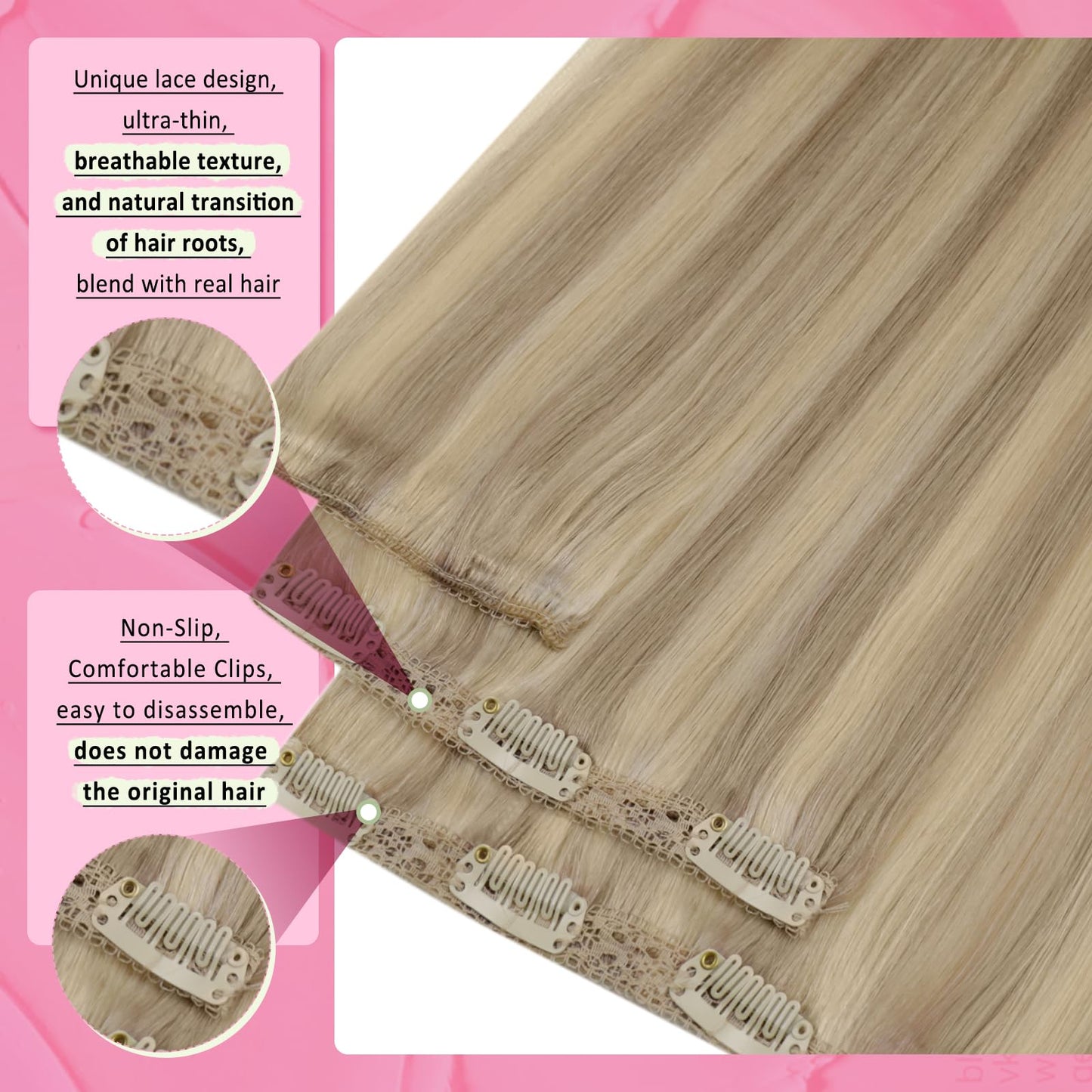 YoungSee 135G Lace Clip in Hair Extensions Highlight Clip in Hair Extensions Real Human Hair Light Blonde Highlighted Golden Blo