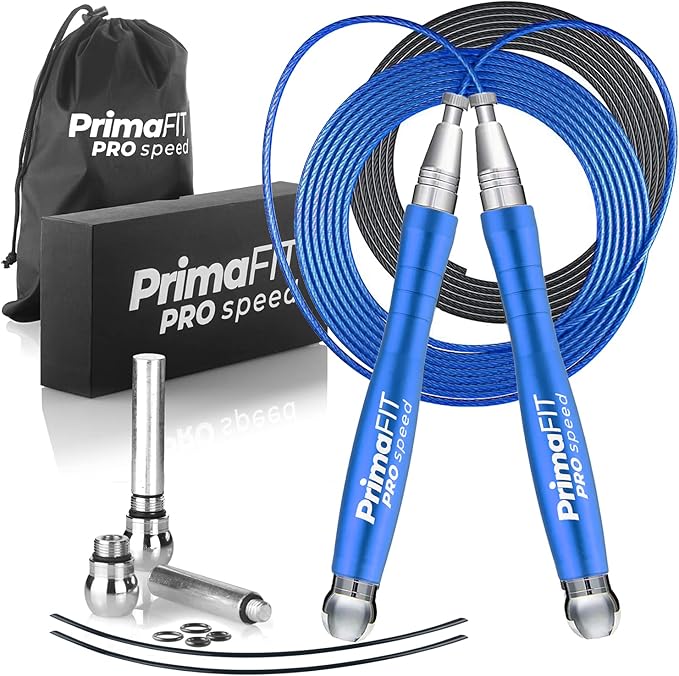 PrimaFIT Jump Rope Pro Speed Skipping Rope Adjustable Adult Jumping Rope Weighted Aluminium Handles for Double Dutch Boxin...