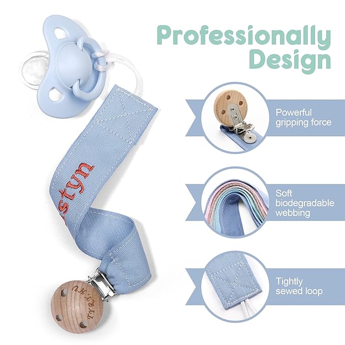 TYRY.HU Personalized Pacifier Clip with Name, Embroidery Webbing Pacifier Holder for Baby Girls and Boys, Neutral Binky Clips Universally Fit All Pacifiers & Baby Toys, Baby Gift, 2 Pack(Blue, Green)