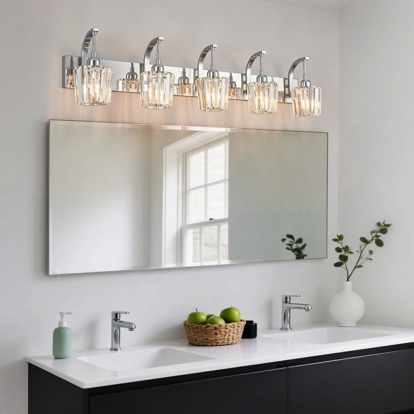 Fdpby Modern Bathroom Vanity Light  5-Light Chrome Wall Sconce With Crystal Accents  Over Mirror Bathroom Lighting Fixture  42.52 Long Dimmable Vanity Lamp For Makeup  Easy Installation