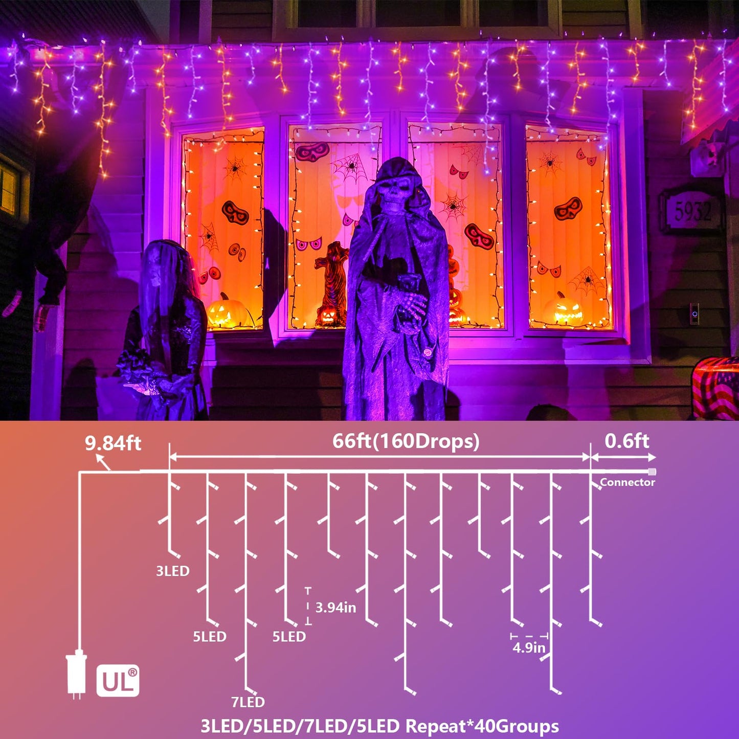 YEGUO Icicle Lights 66ft 800 LED Orange and Purple, 160 Drops, 8 Modes, PVC Material