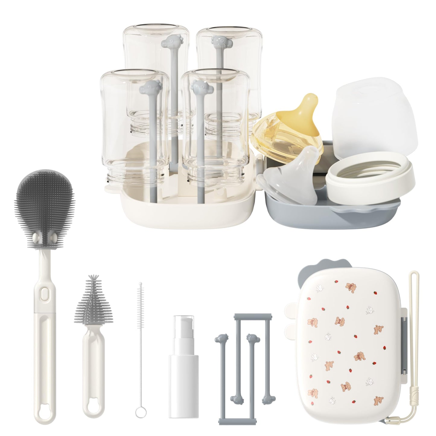 TPE & Silicone Travel Baby Bottle Cleaning Kit, 6-in-1 Baby Bottle Cleaner Brush Set with Breast Pump Cleaning, Nipple Brush, Straw Brush, Soap Dispenser, Portable Drying Rack, Baby Travel Essential