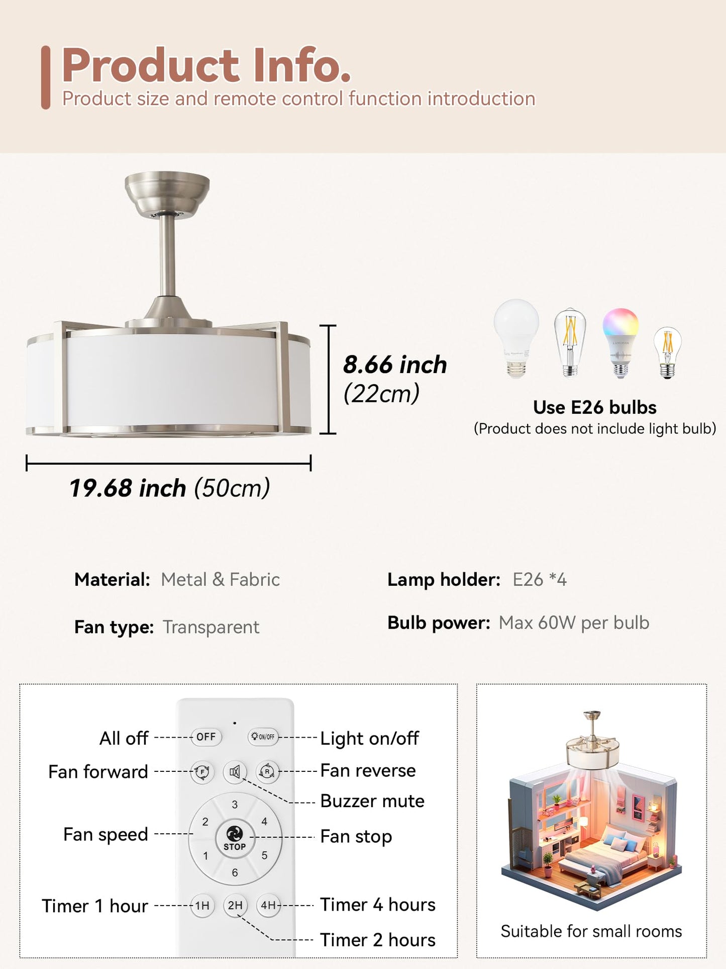 Ymkskj 20 Silver Fandelier Ceiling Fans With Lights, Boho Rattan Ceiling Fan With Light Remote Control, Caged Mid-Century Modern