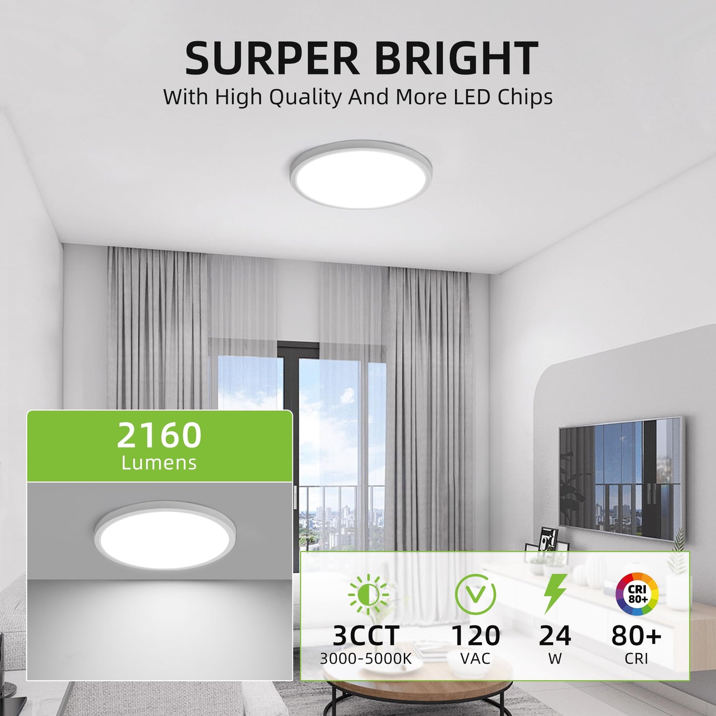 hykolity LED Round Flat Panel Light 12 Inch 24W Selectable CCT 3000K/4000K/5000K White R13-24WCCT-1