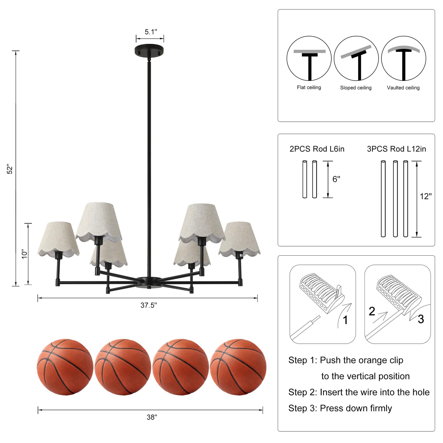 Zxfdwb 6-Light Black Chandelier With White Linen Shades  37.5Modern Pendant Light Fixture For Dining Room  E12 Base  Height Adjustable  Living Room Bedroom Hallway Ceiling Lighting