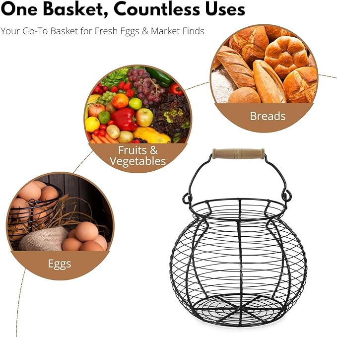 Flexzion Chicken Egg Basket Wire Egg Holder with Wooden Handles for Egg, Fruits, Vegetables Storage, Display Metal Mesh, Basket Holder Countertop for Farmhouse Rustic Kitchen Counter Organizer, Black
