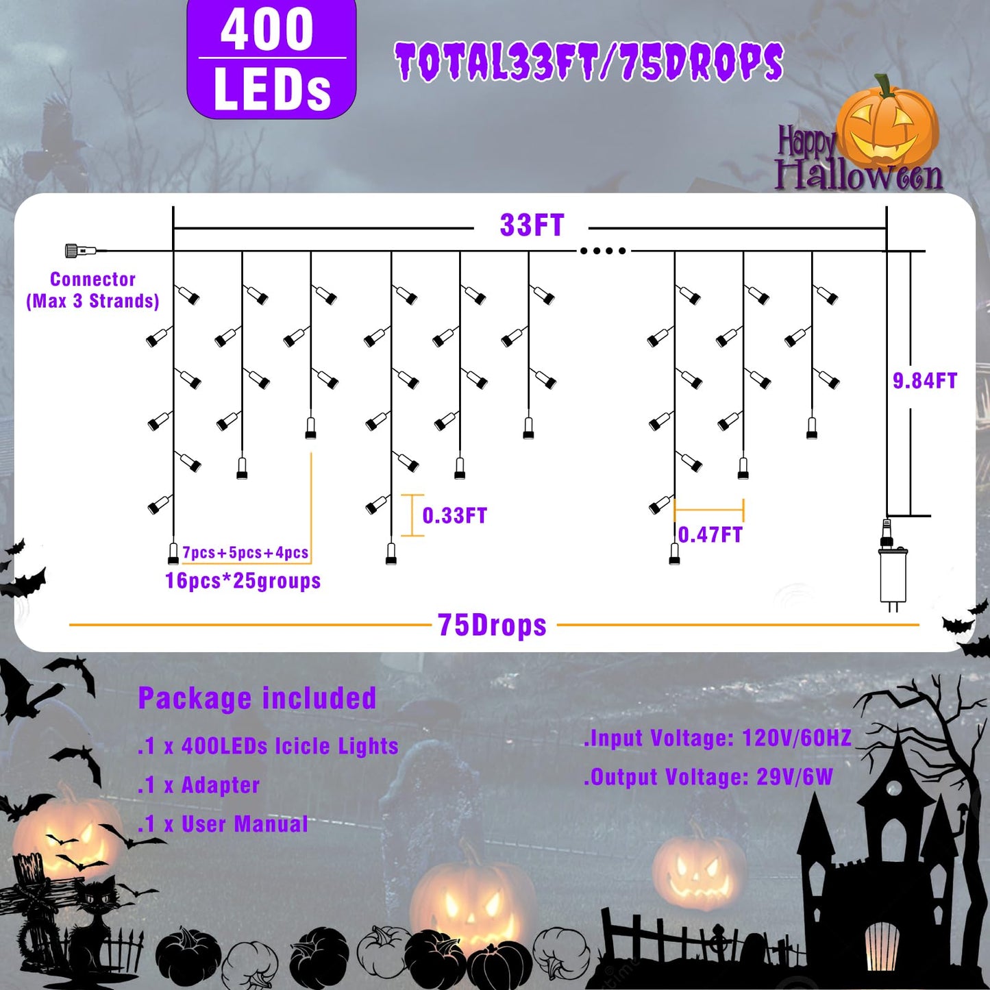 33Ft Christmas Lights Outdoor  400 Led Icicle Lights For Outside  Orange And Purple Twinkle Christmas Light With Connectable Clear Wire 8 Modes Timer Waterproof For House Party Tree Holiday Yard Decor