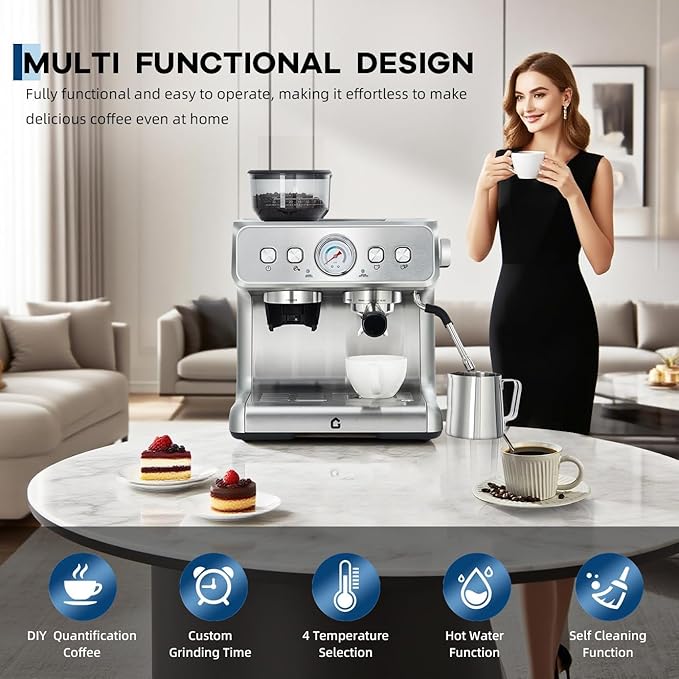 Stainless Steel Espresso Machine with Grinder and 20 Bar Pressure, 2.8l Removable Water Tank, Milk Frother Steam Wand for Latte and Cappuccino, Adjustable Shot Volume,Silver