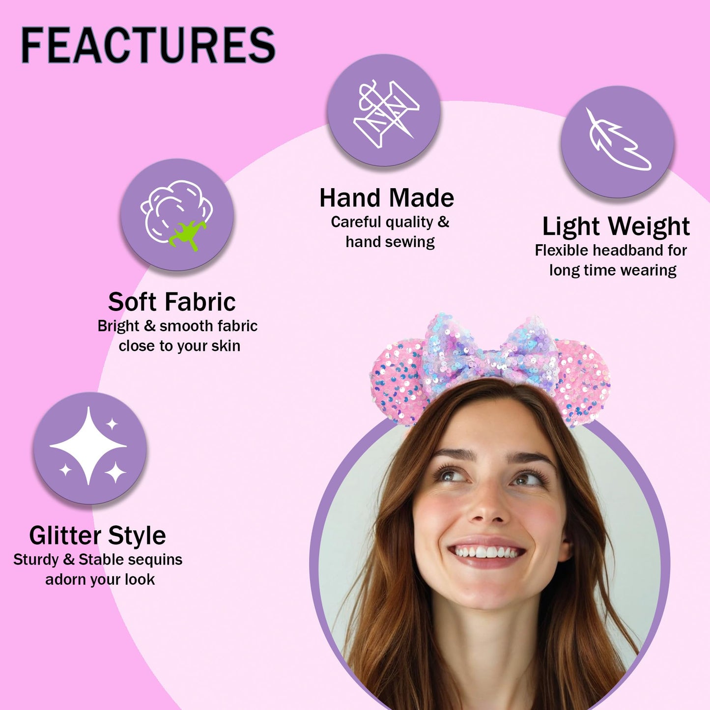 zhezesmila Sparkling Mouse Ears Sequin Bow Ears Headband for Women Hair Band Dazzling Accessories Headwear for Princess Costume