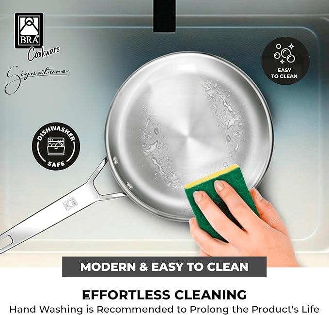 BRA COOKWARE Signature 5 Piece Cookware Set | Stainless Steel Professional Kitchenware Set | 1 Pot, 1 Colander, 2 Frying Pans, 1 Lid | All Stovetop Compatible | PFOA Free