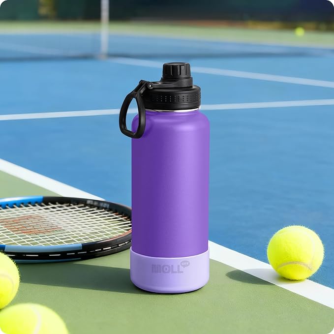 Insulated Water Bottle-32 oz Stainless Steel Vacuum Wide Mouth Sports Flask with Silicone Boot-Reusable Metal Leak Proof Travel Water Bottle for Girls Boys, BPA-Free(Purple)