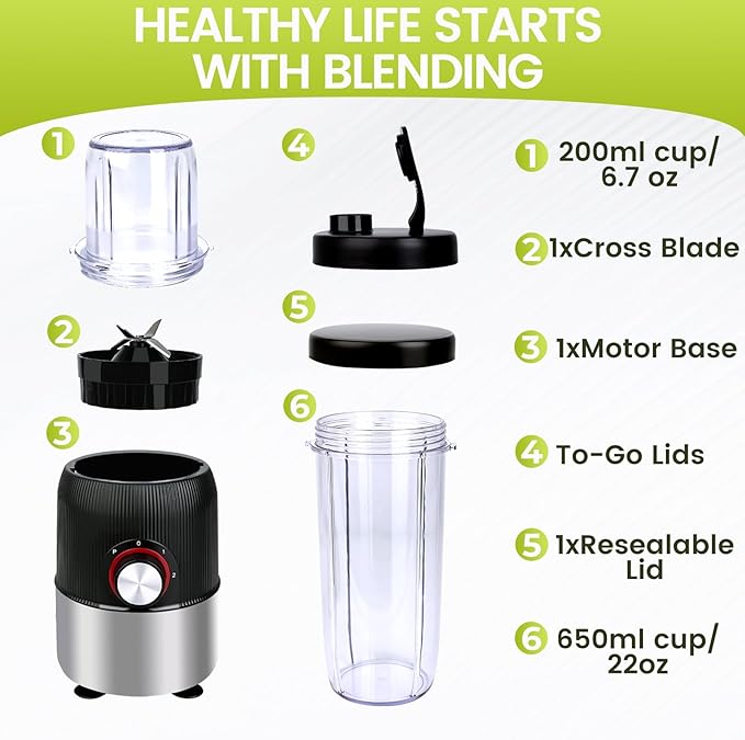 1000W 2-in-1 Personal Blender with Travel Bottles, Portable Smoothie Maker for Shakes & Grinding Coffee, 3 Speeds, 27oz & 6.7oz Cups, Compact & Powerful, Black