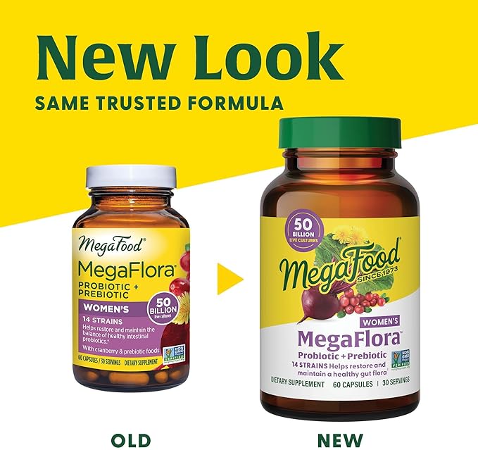 MegaFood MegaFlora Probiotics for Women + Prebiotics and Probiotics with 14 Strains & 50 Billion CFUs, with Cranberry for Women Digestive Health, Vegetarian - 60 Capsules (30 Servings)