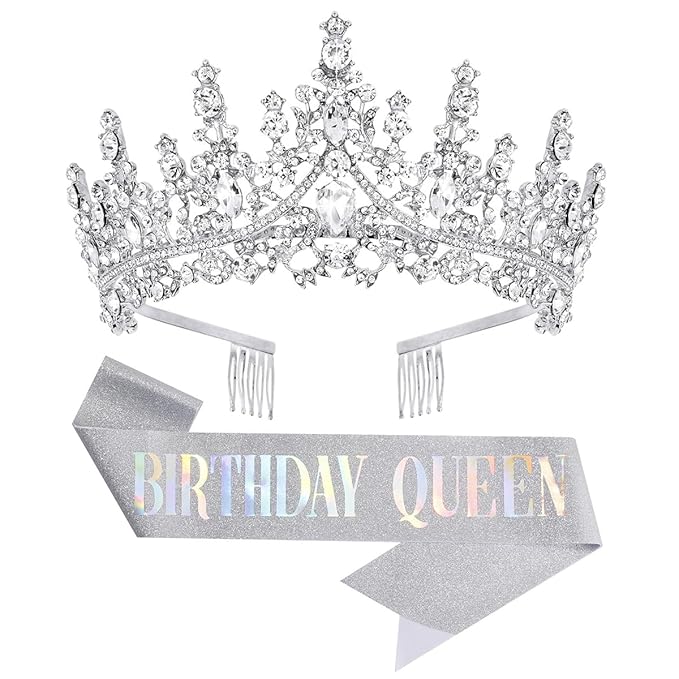 Papoopy Birthday Tiara Crown with Sash for Women, Headband Hair Accessories for Wedding Party Costume Silver