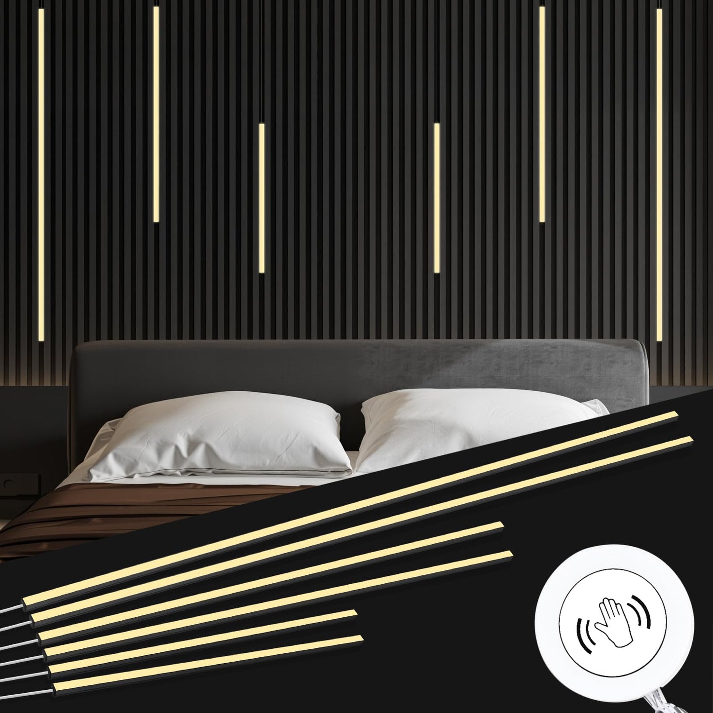 Cubitor Led Recessed Lighting Kit 6 Pack Self-Adhesive Led Light Bar  Warm White 3000K  With Touching Switch  For Wood Slat Wall Panels Indoor Wall Home Decor. Black Channel 2Pcs*(16In+24In+40In)