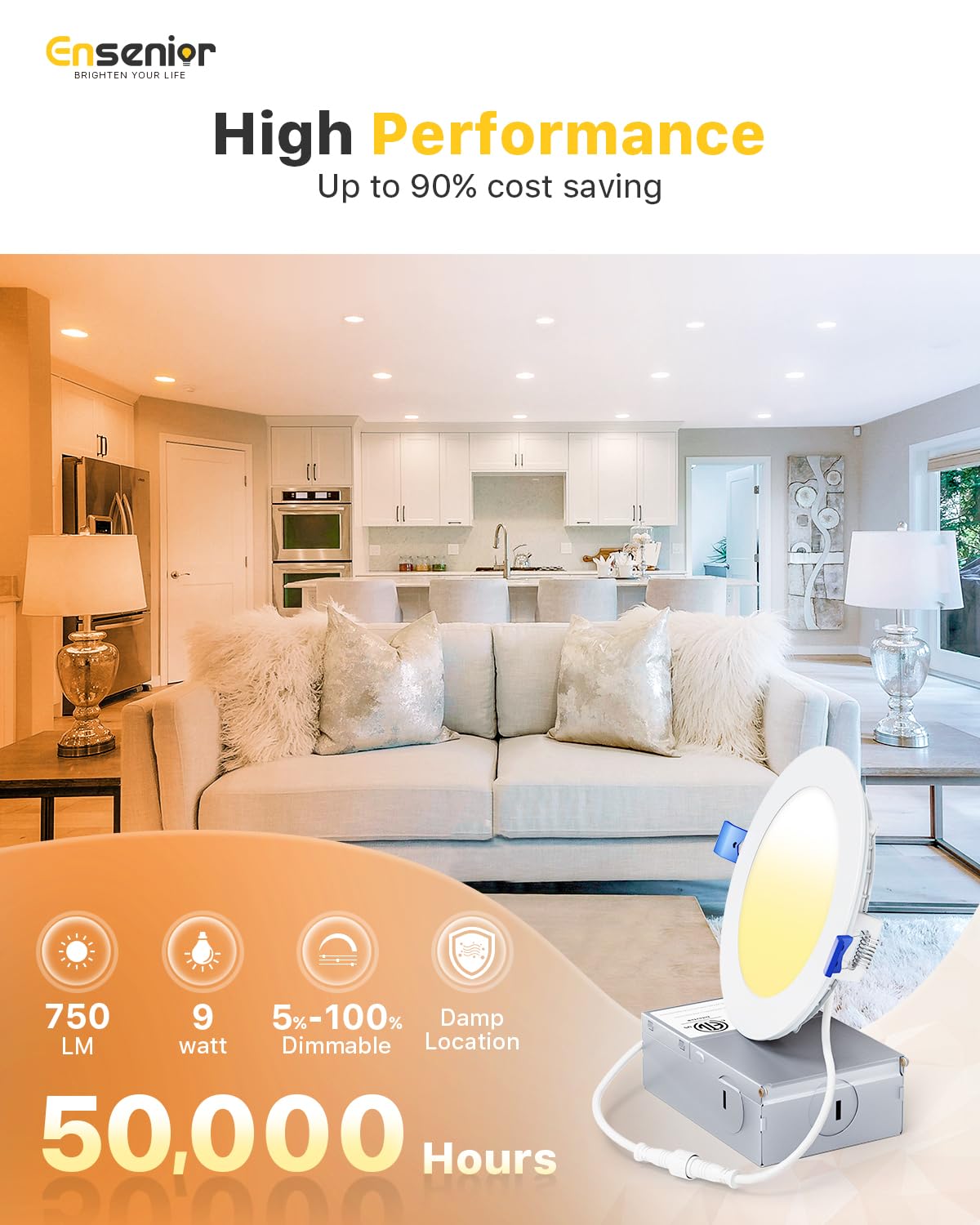 Ensenior 12 Pack 4 Inch LED Recessed Ceiling Light, Dimmable, 6000K Clear White, 750LM 9W 120V, High Brightness Canless Wafer Downlight - ETL&FCC&IC
