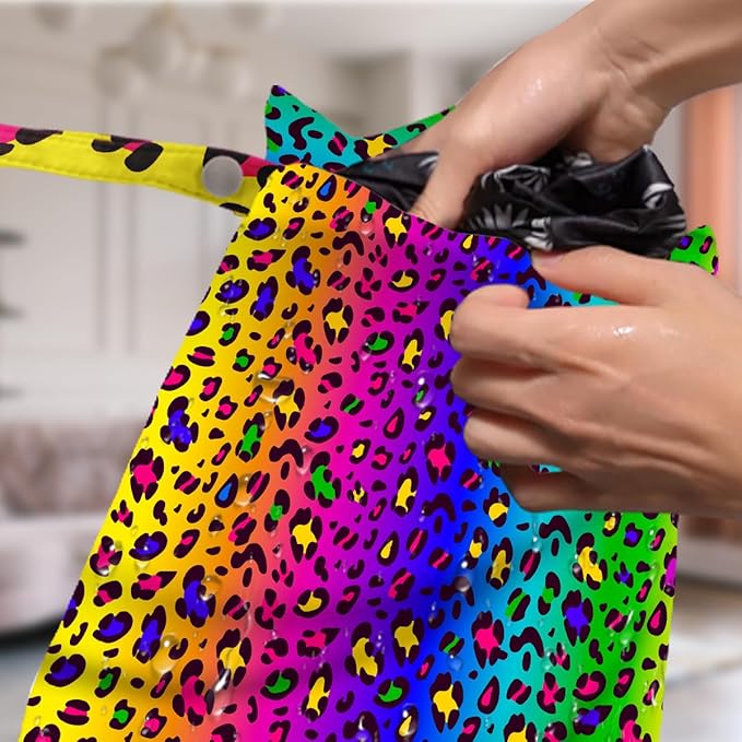 4 Pack Colorful Rainbow Neon Leopard Wet Bag Waterproof Washable Reusable Wet Dry Bag for Swimsuit Clothes Cloth Diaper Travel Beach Yoga Toiletries Gift for Women Sister Bestie Birthday Christmas