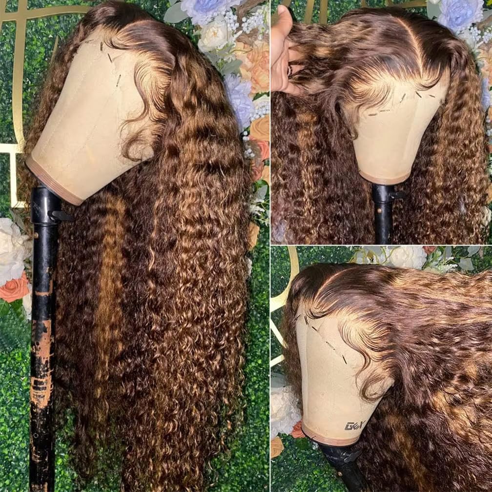 KFgood Ombre Lace Front Wig Human Hair 34inch Highlight 13x4 HD Deep Wave Wig Human Hair 200% Density 4/27 Colored Honey Blonde