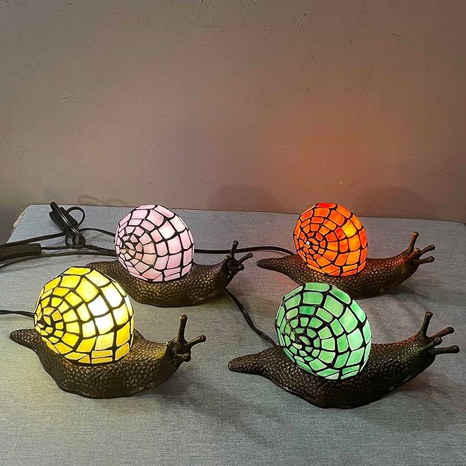 Bieye L10962 Land Snail Tiffany Style Stained Glass Accent Table Lamp for Home Decoration (Pink, 10" D x 5" W x 5" H)