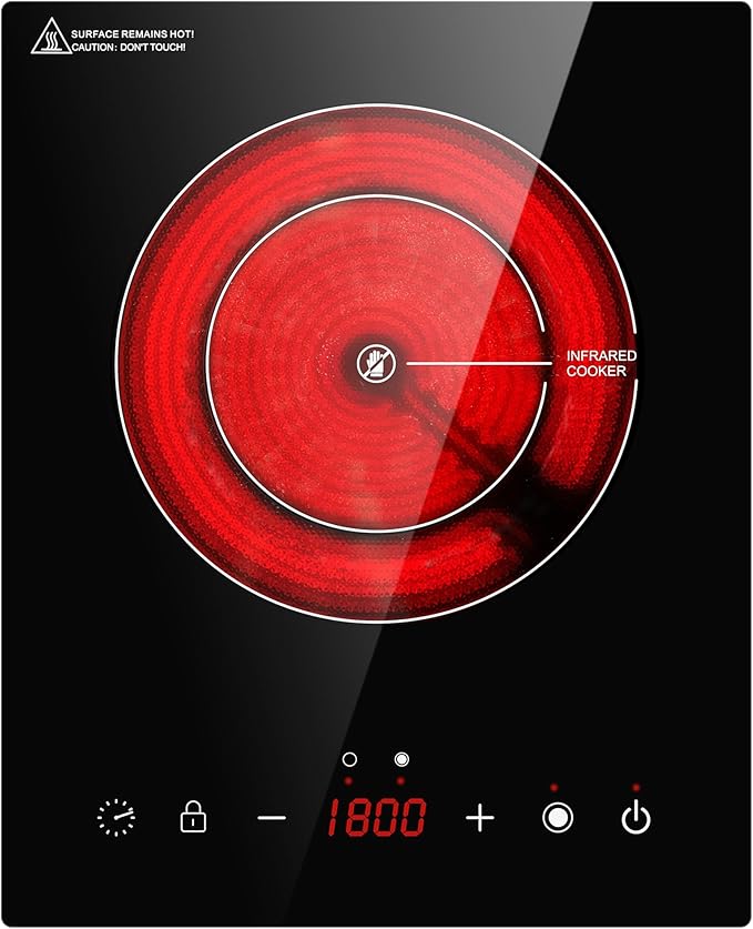 Dual Coils Design of Single Burner Electric Cooktop, 1800W Infrared Ceramic Hot Plate for Cooking, Portable Countertop or 12 inch Built-in Radiant Stove Top Cooker, Compatible with All Cookware