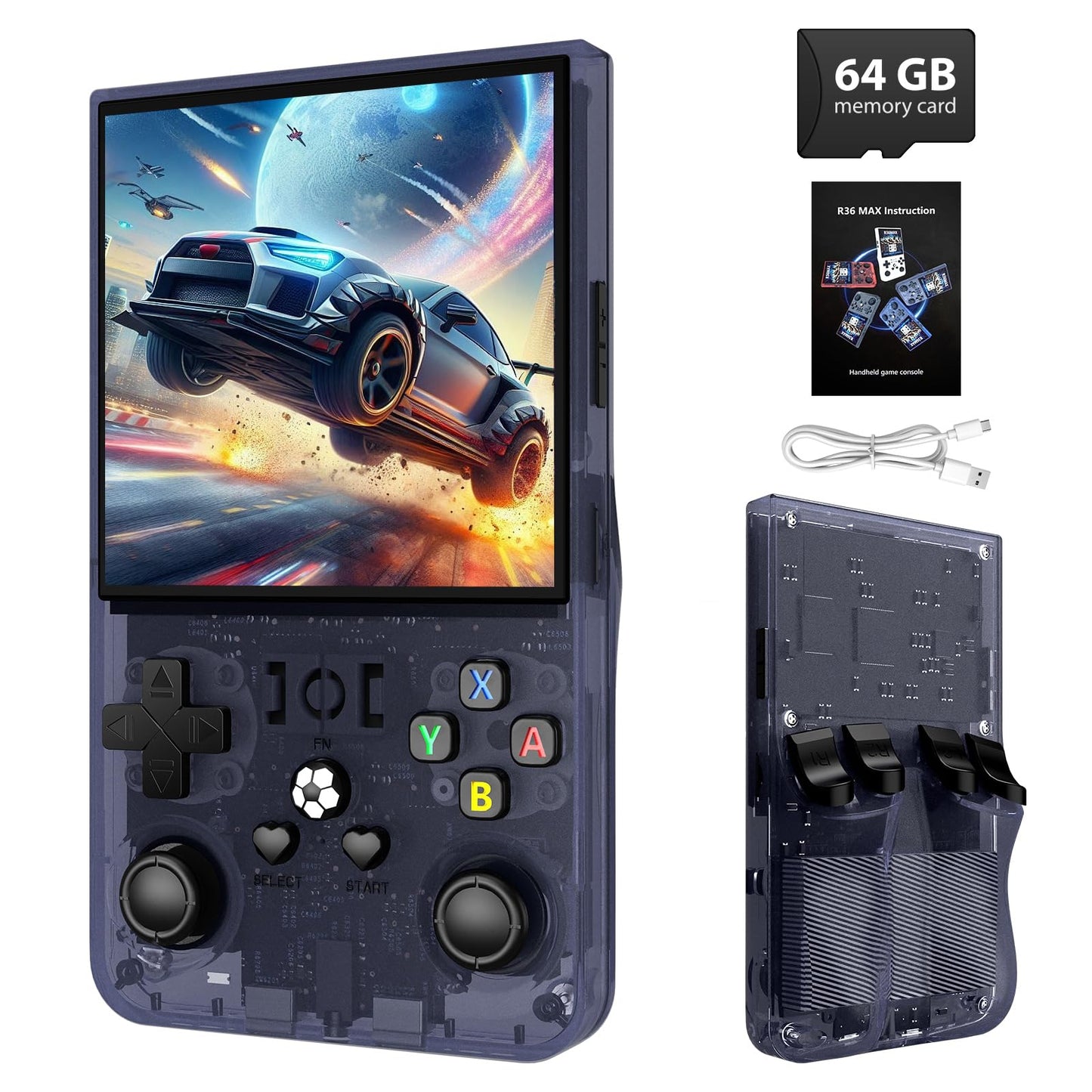 R36MAX Retro Handheld Game Console - 64GB Preloaded Classic Video Games, Support 30+ Simulators, Linux-Powered Portable Game Emulator Console with 4.0-in HD IPS Screen (Transparent Gray)