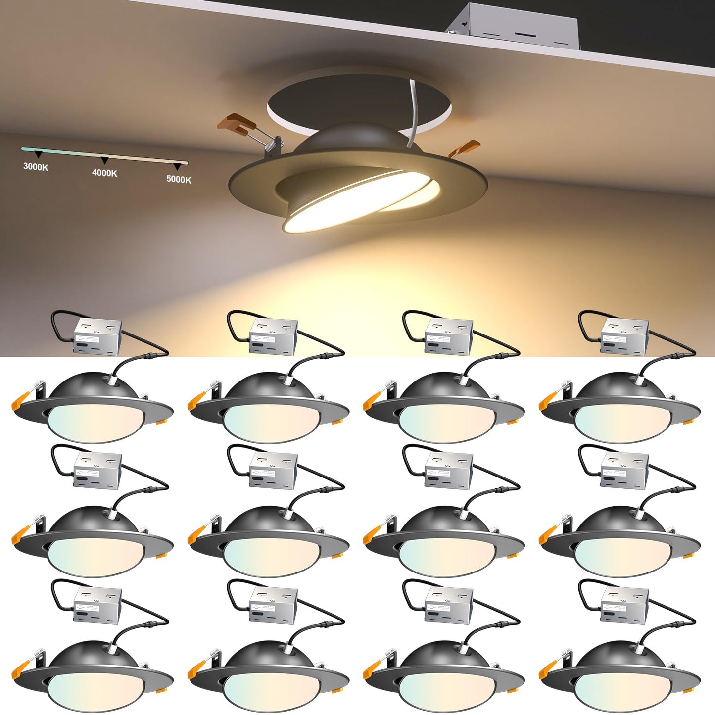 Lightdot 12 Pack 6 Inch LED Gimbal Recessed Lighting, 360+90 Adjustable, 3CCT Selectable & Dimmable (5%-100%), 1300LM Ultra Brig