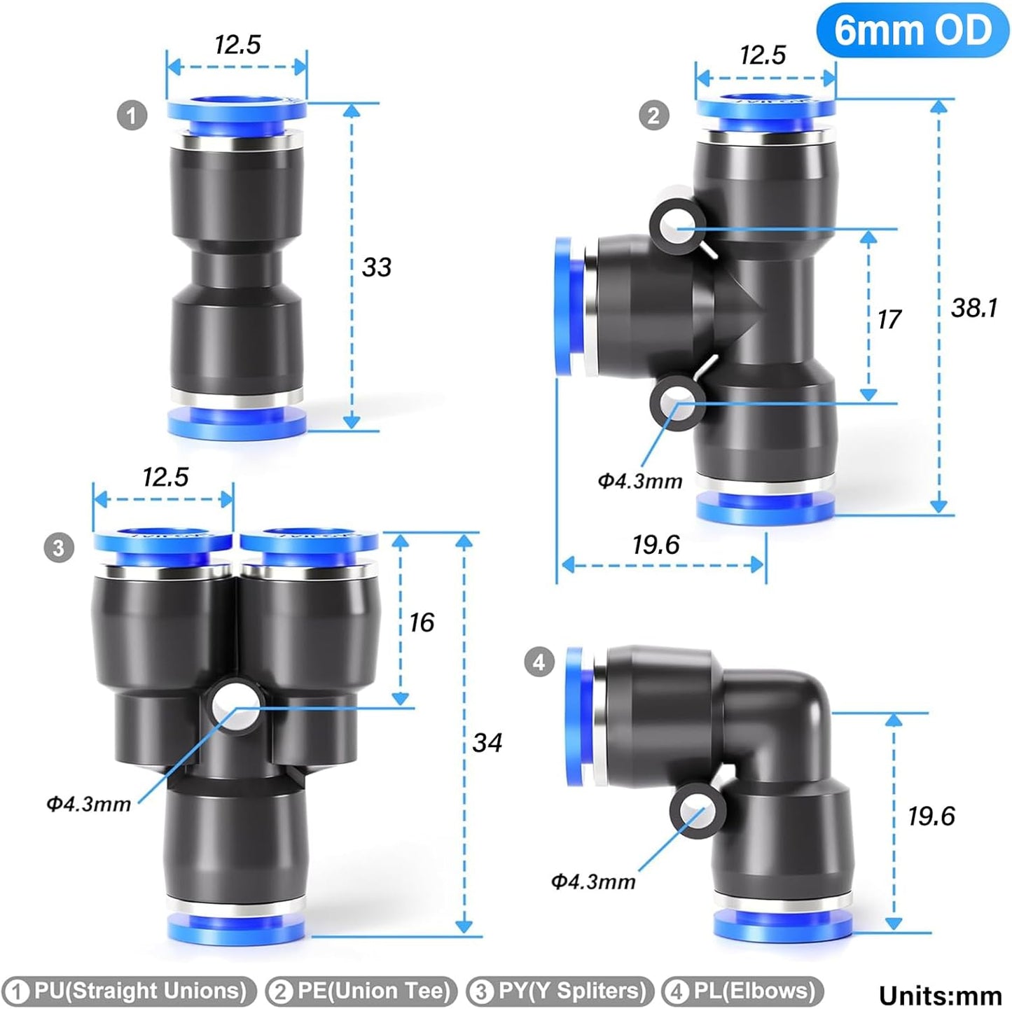 TAILONZ PNEUMATIC 6mm od Push to Connect Fittings Pneumatic Fittings Kit 2 Spliters+2 Elbows+2 tee+2 Straight (8 pcs)