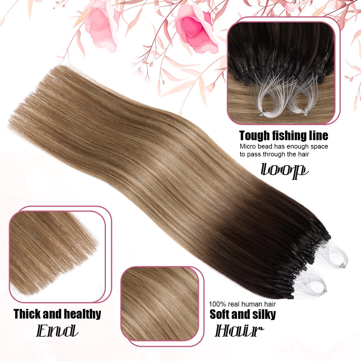 Kpvxxve Hair Extensions Real Human Hair Micro Link Extensions Brown to Blonde Micro Ring Human Hair Extensions 18 Inch #3/8/22 O