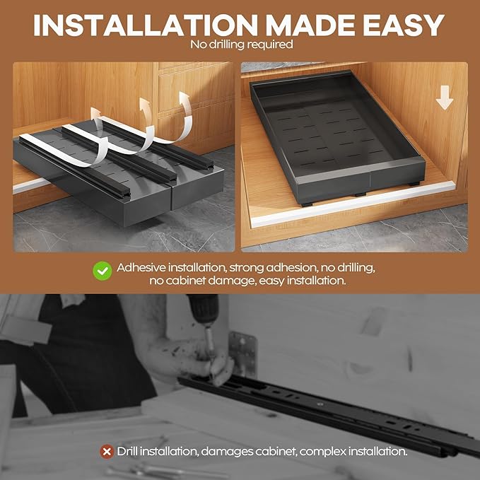 4 Pack Expandable (9"-14") Pull Out Cabinet Organizer 21" Deep With Raising Pad for Framed Cabinets,Upgrade 3 Slide Rails Slide Out Drawers,No Drill Roll Out Shelves Adhesive,Black