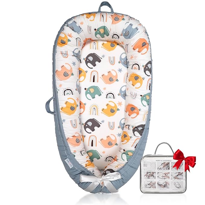 Organic Cotton Baby Lounger – Reversible, Portable, Soft & Breathable with Washable Cover | Perfect for Awake-Time Use Only - Big Elephant