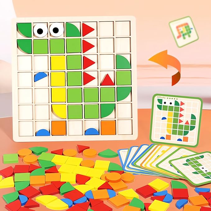 Mosaic Shape Wooden Pattern Blocks Puzzle, 120 PCS Wooden Pattern Blocks with 20 Pcs Design Cards,Kindergarten Classic Educational Geometric Shape Puzzle Toys for Kids Ages 4-8
