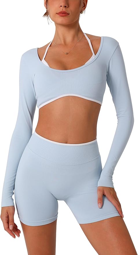 ABOCIW Workout Sets for Women 2 Piece Seamless Color Block Long Sleeve Crop Top Scrunch Butt High Waist Shorts Gym Set
