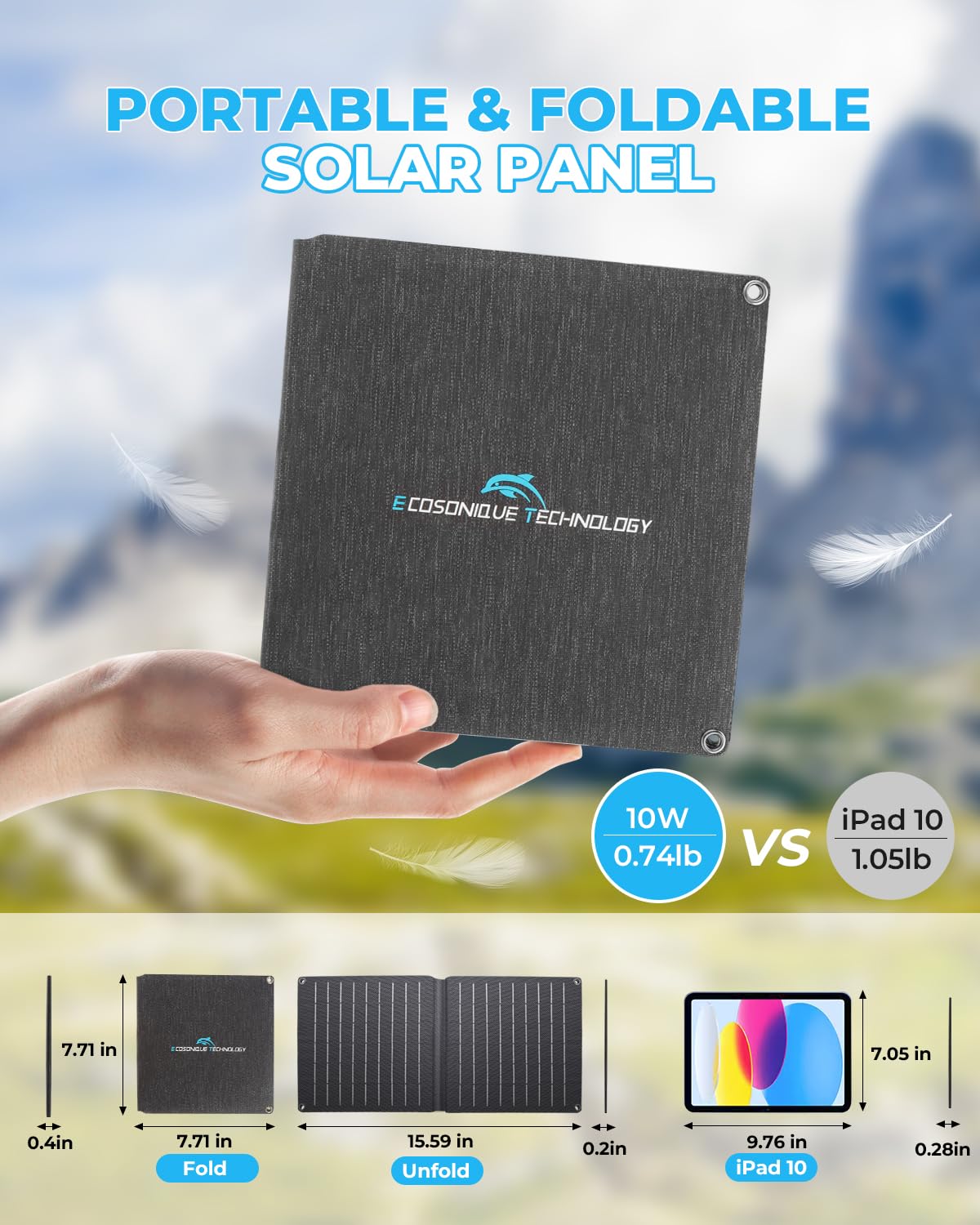 Ecosonique 10W/15W/30W/60W Portable Solar Panel Charger, Ip67 Waterproof Etfe Usb Solar Phone Charger With Detachable Power Hub,