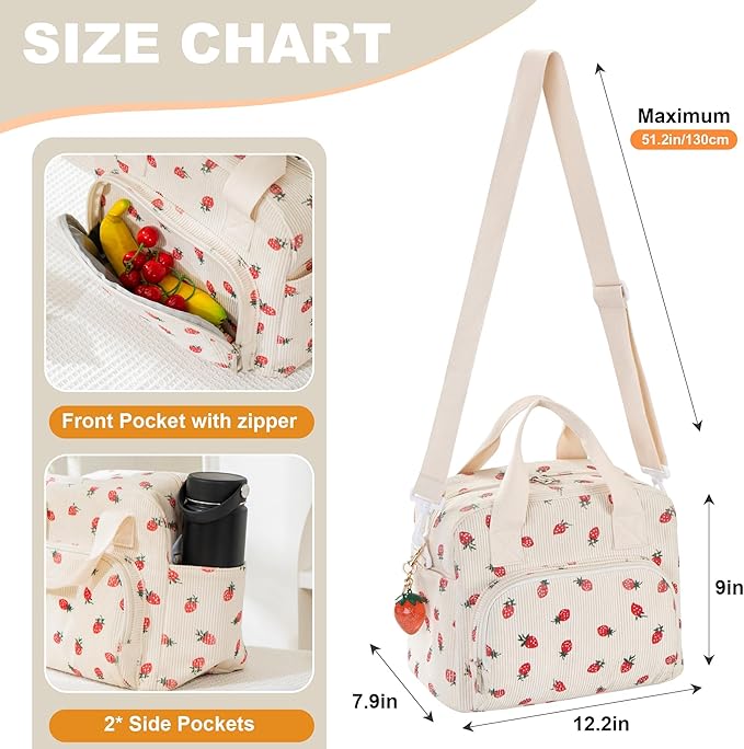 Large Lunch Bag for Women Strawberry Insulated Lunch Box Reusable Cooler Bag Portable Cute Corduroy Leakproof Tote Bags with Keychain for Travel, Work, and Picnic