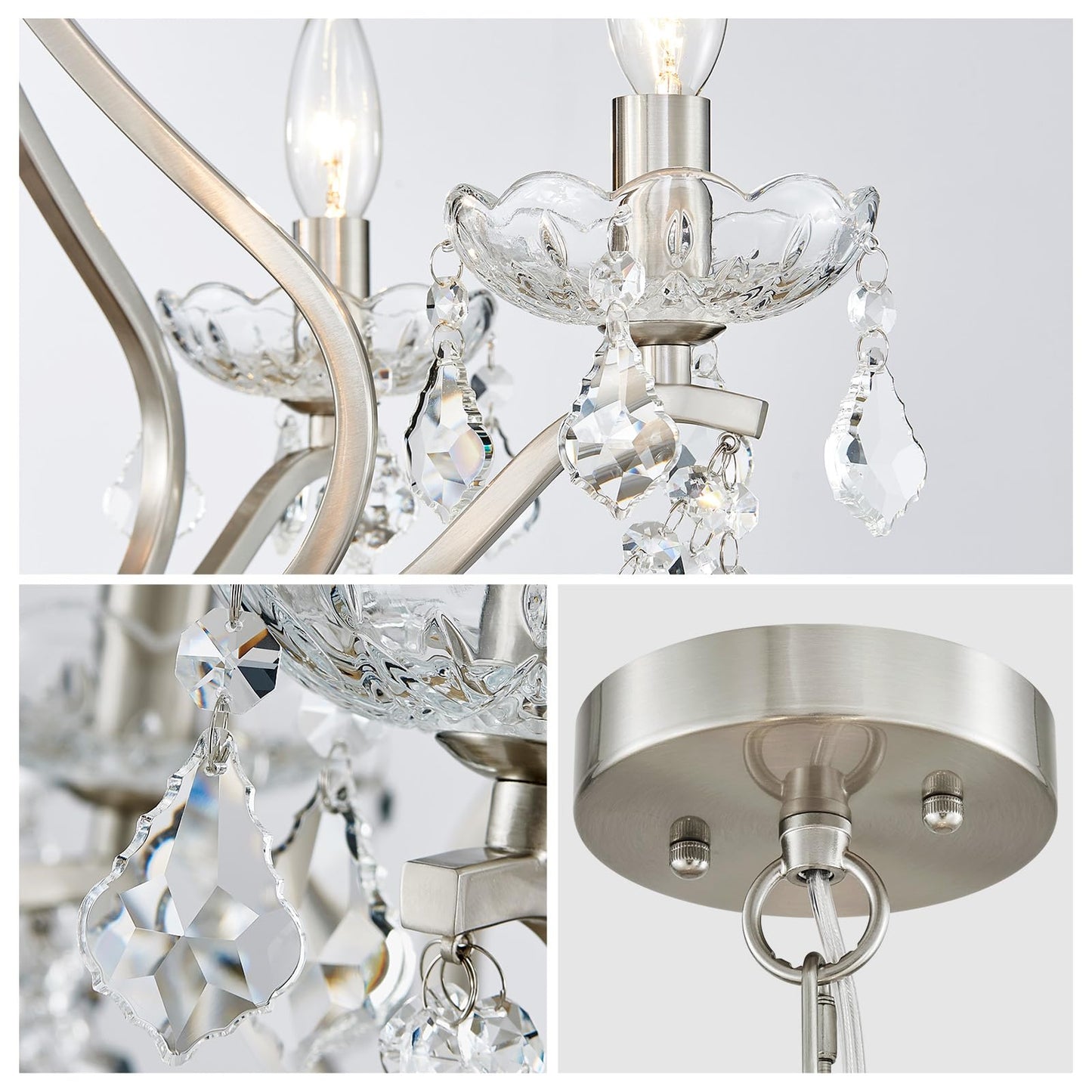 Wuzups Crystal 5-Light Candle Chandelier Pendant Flushmount Ceiling Light Modern Lighting Fixture For Bedroom Hallway Bar Kitchen Bathroom  H 20.9 X W 21.7  Brushed Nickel  E12 Base