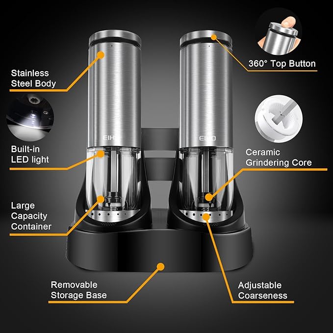 Electric Salt and Pepper Grinder Set Rechargeable, External Adjustable Coarseness, Automatic Salt & Pepper Shakers Mills, Kitchen Gadgets,Stocking Stuffers Christmas Cooking Gifts for Adults Men Women