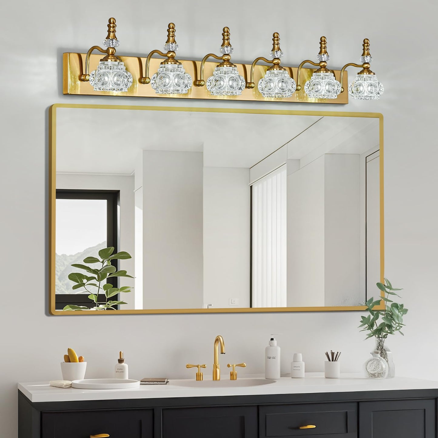 Lbsqj Modern Glass Crystal Vanity Light - Vintage Bathroom Lighting Fixtures Over Mirror 6 Light Vanity Lights G9 Bulb (43.3 Inch  Gold)