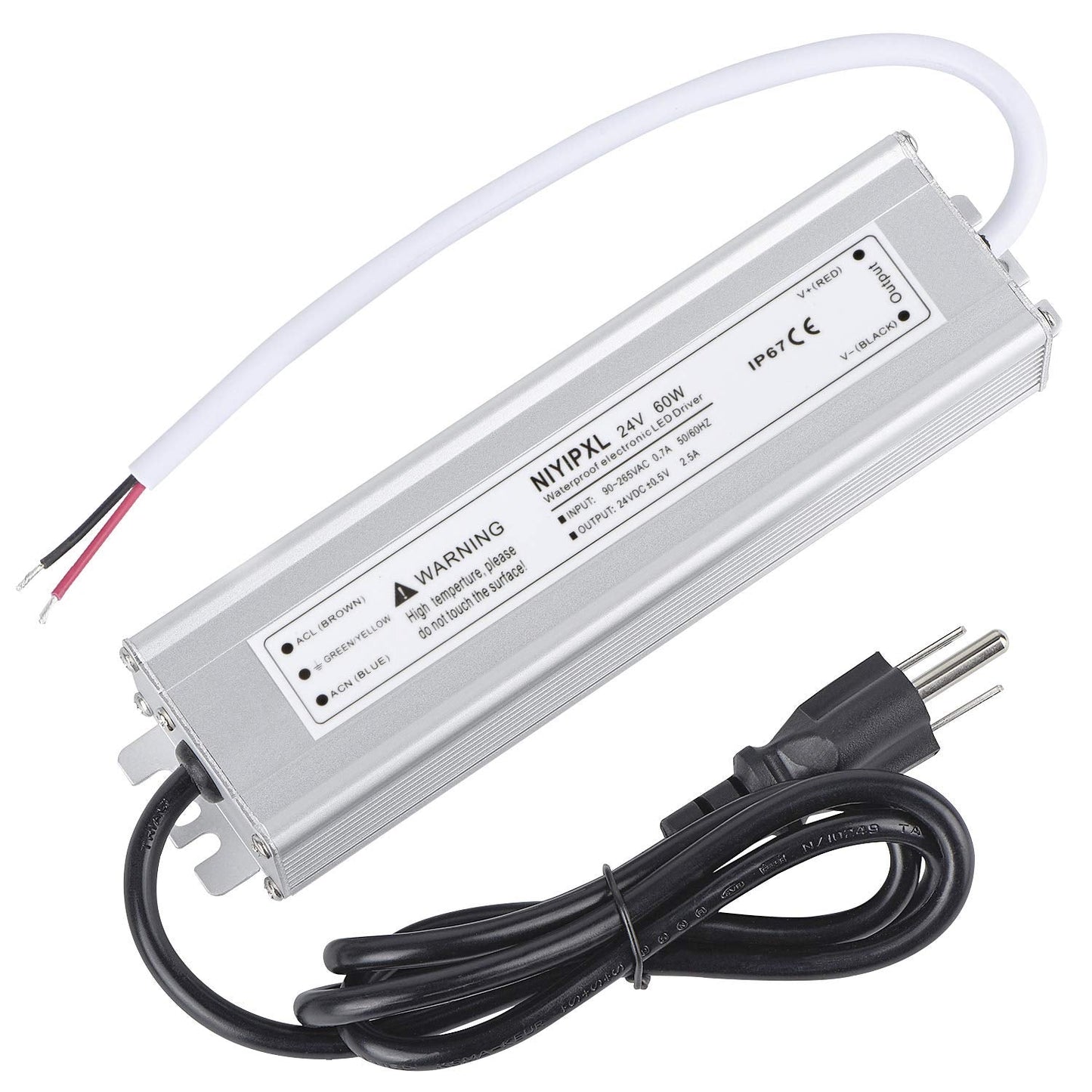 NIYIPXL LED Driver 60W 24V DC Power Supply, Waterproof IP67, 3-Prong Plug, 3.3 Feet Cable, Silver