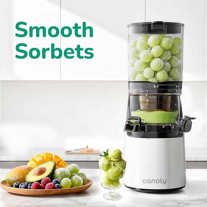 Canoly C16 Cold Press Juicer, with a 6" Wide Chute & Self-Precut, 3-in-1 Strainers (Juice & Sorbet & Nut Milk), BPA-Free Construction, Powered by a AC Brushless Motor (Pearl White)