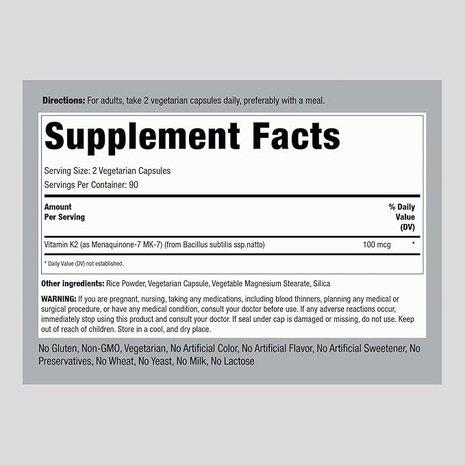 Piping Rock K2 MK7 Vitamin Supplement | 100 mcg | 180 Vegetarian Capsules | Non-GMO, Gluten Free