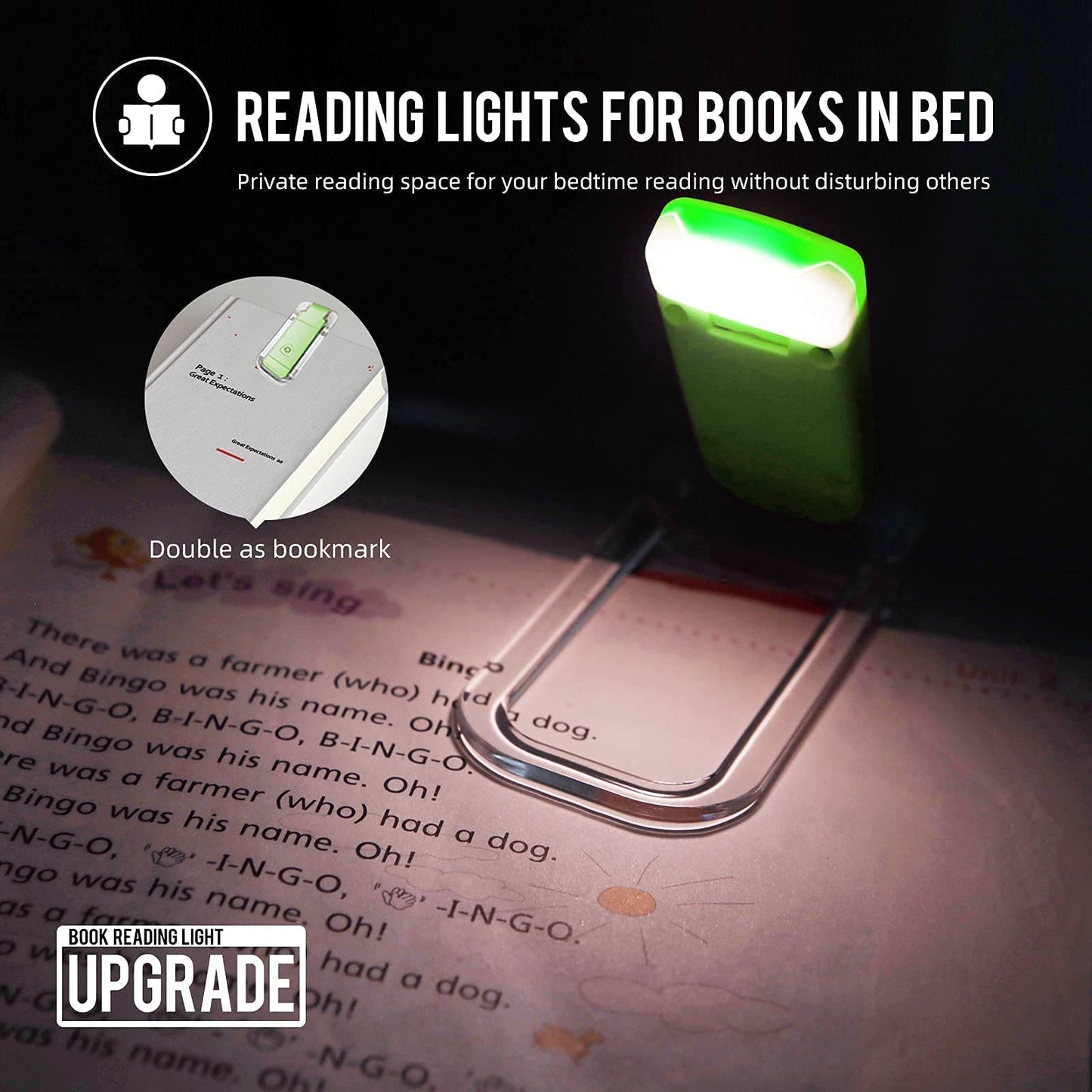 EGWASER Portable USB Rechargeable LED Book Reading Light - 3 Adjustable Brightness Levels, Eye-Protective, Green