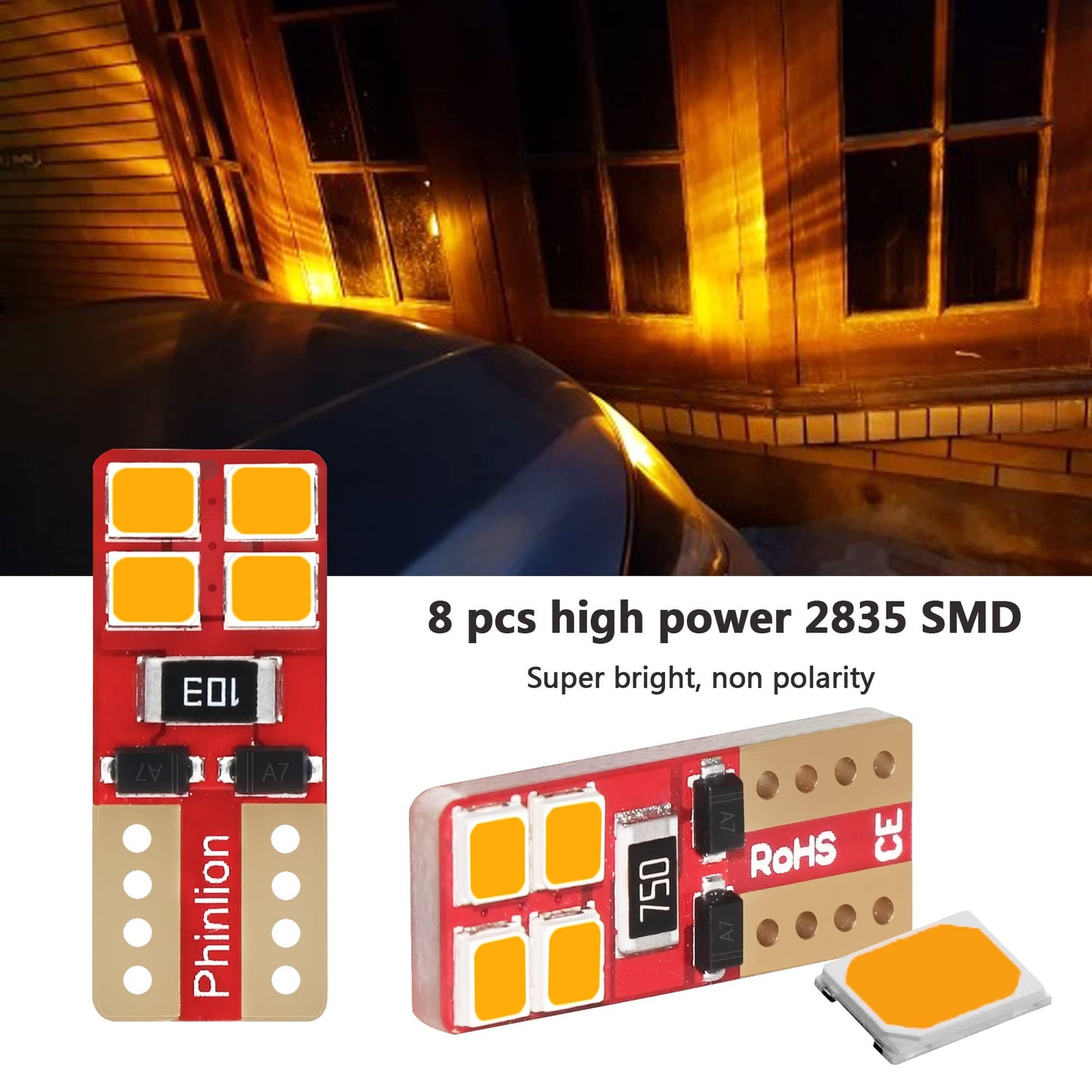 PHINLION T10 LED Bulbs 10 Pack, Amber Yellow, Super Bright for Car Interior Dome Map Side Marker Parking Lights