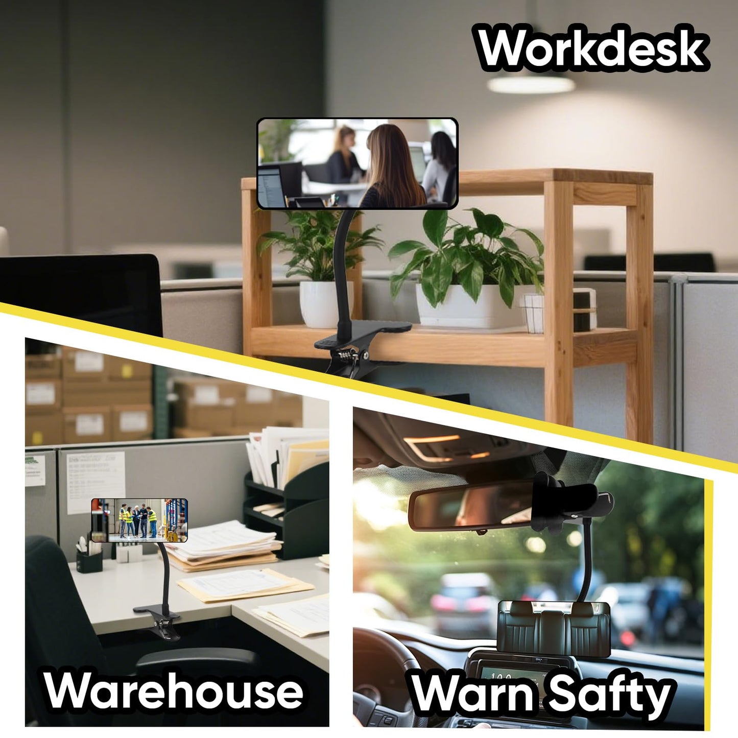 ZMJCGLXY Clampable Convex Safety Mirror 6.4"*3" in Glass Material, Black Curved Frame, 360° Direction Adjustment, for Workdesk, Office, Warehouse and Personal Area Privacy and Security