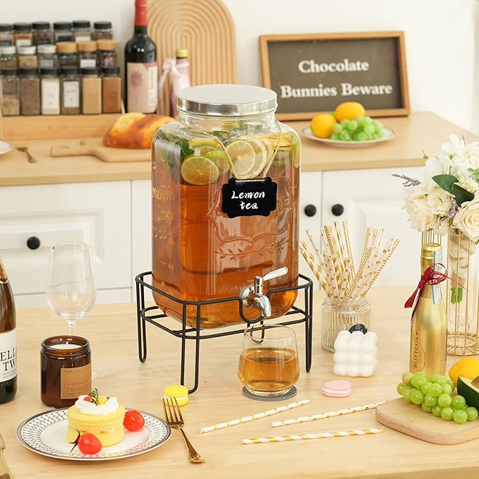 Moretoes Glass Drinks Dispenser for Parties, 2 Gallon Beverage Dispenser with Stand for Juice and Iced Tea, Water Jug Dispenser for Lemonade, Party Essential Beverage Pitcher with Spout