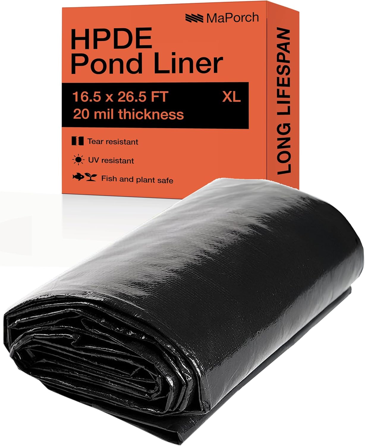 MaPorch HDPE Pond Liner - 16.5 x 26.5 ft, Black, 20 mil - UV Resistant for Pool Liner - Heavy-Duty Leak-Proof Protection for Pond Fountain - Flexible Tear-Resistant Design for Outdoor Fountain