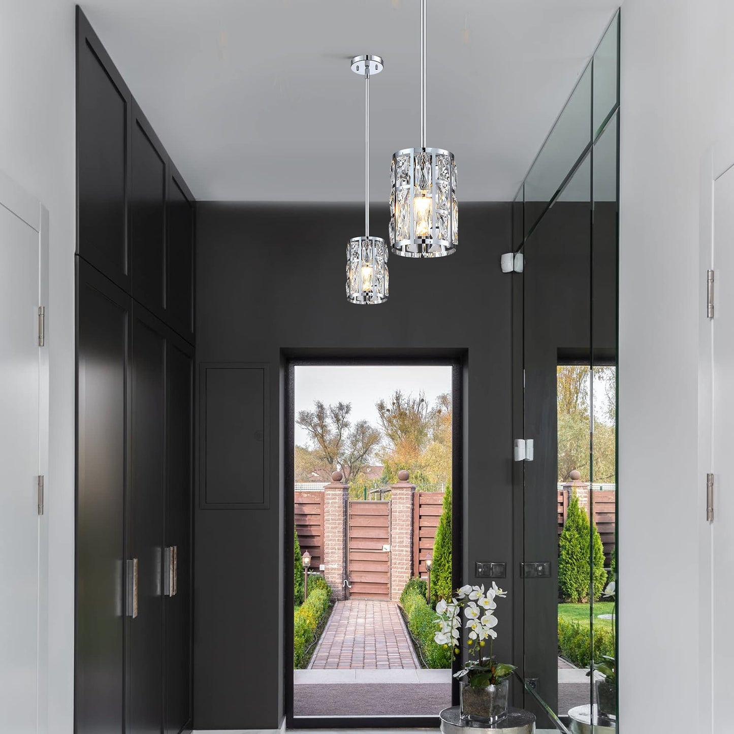 MEXO Modern Crystal Pendant Light Fixture - Chrome Finish, Small, Metal Chandelier for Kitchen, Dining, Living Room, Bedroom