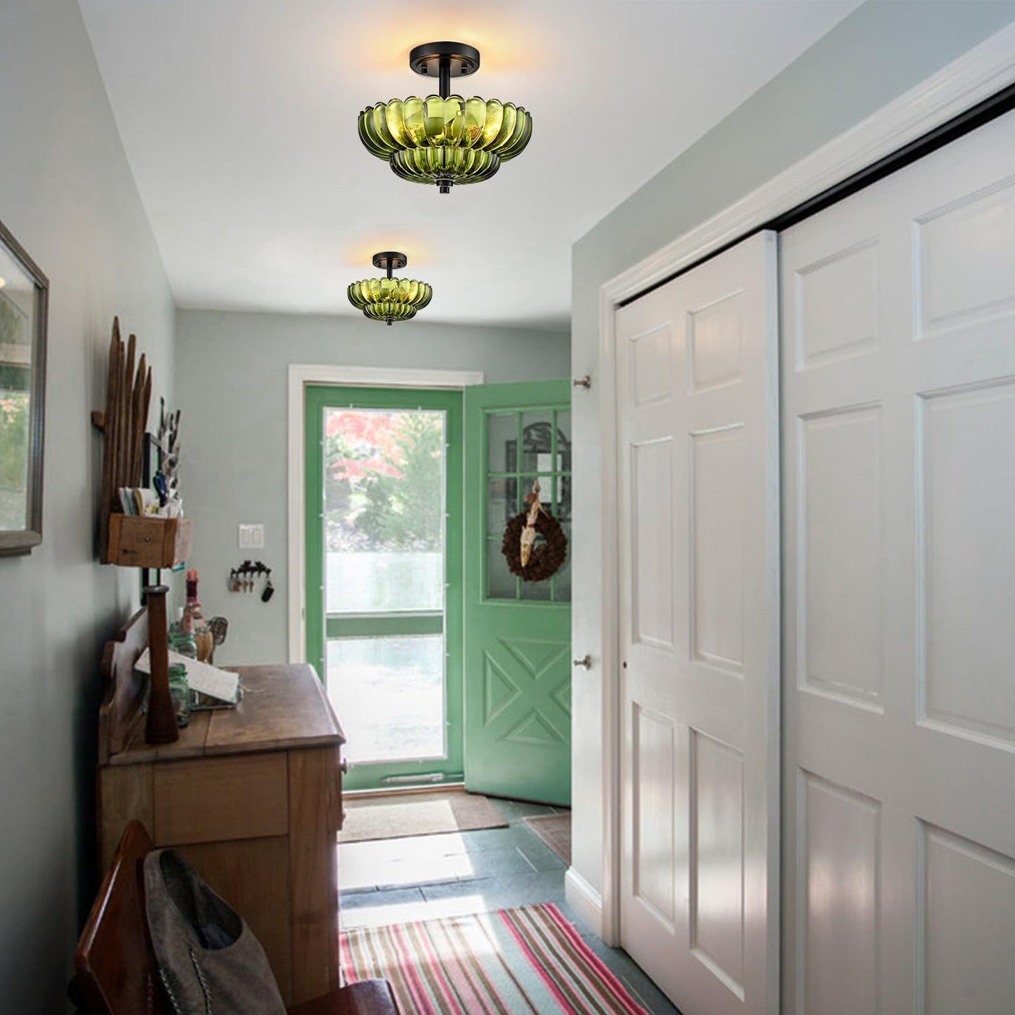 Semi Flush Mount Ceiling Light Fixture  Green Glass 3-Light Modern Vintage Ceiling Lights  Scalloped Close To Ceiling Light  Black Base Flush Mount Ceiling Light For Hallway Bedroom Entryway Kitchen