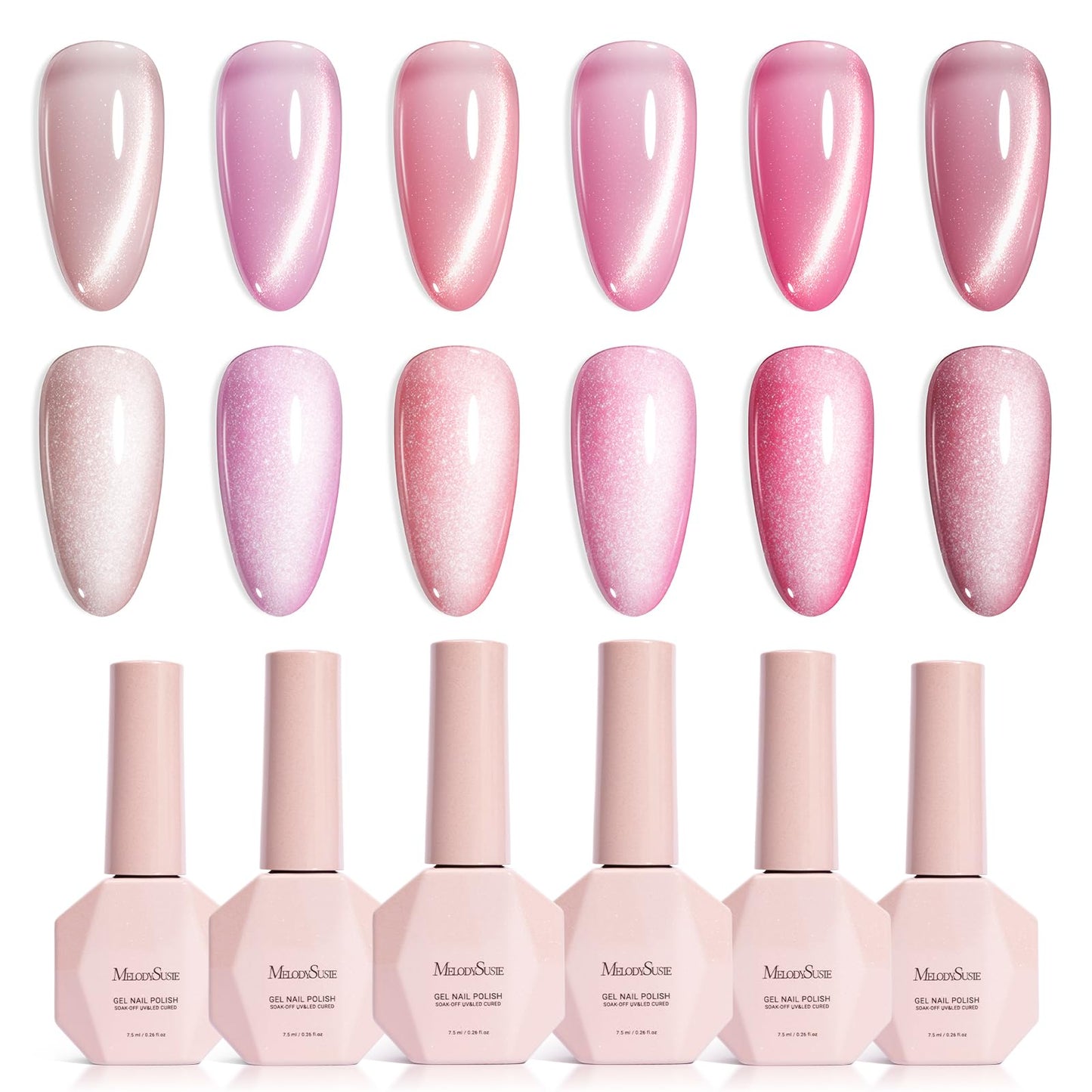 MelodySusie Pink Gem Cat Eye Gel Set Cat Eye Gel Nail Polish Set 6 Pcs, 0.26 Fl Oz Glitter Holographic Magnetic Nail Polish with
