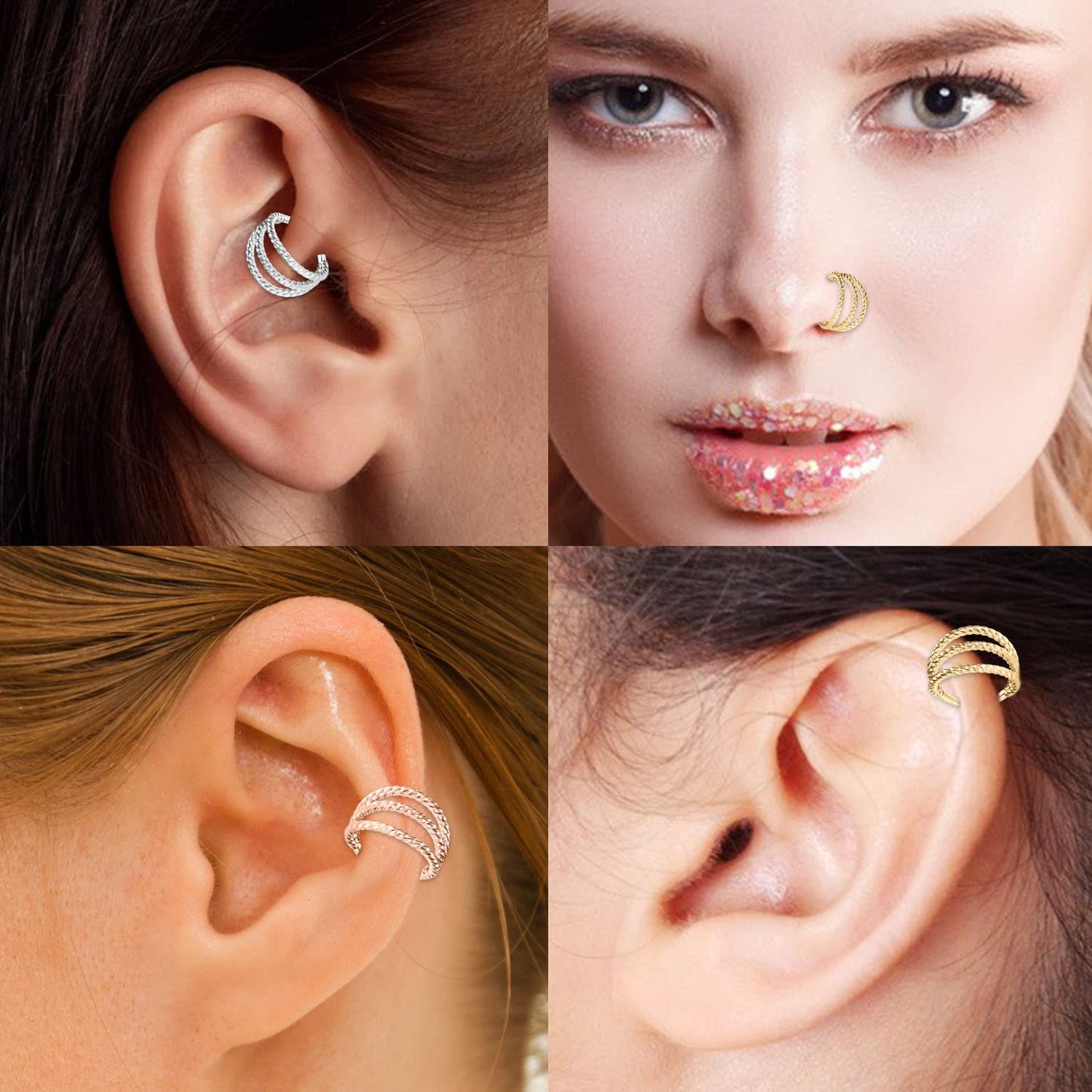 Triple Open Stacked Conch Hoop Earrings 16G Helix Earrings Surgical Steel Septum Nose Rings Hoop 8mm Micro Lobe Earrings Twisted