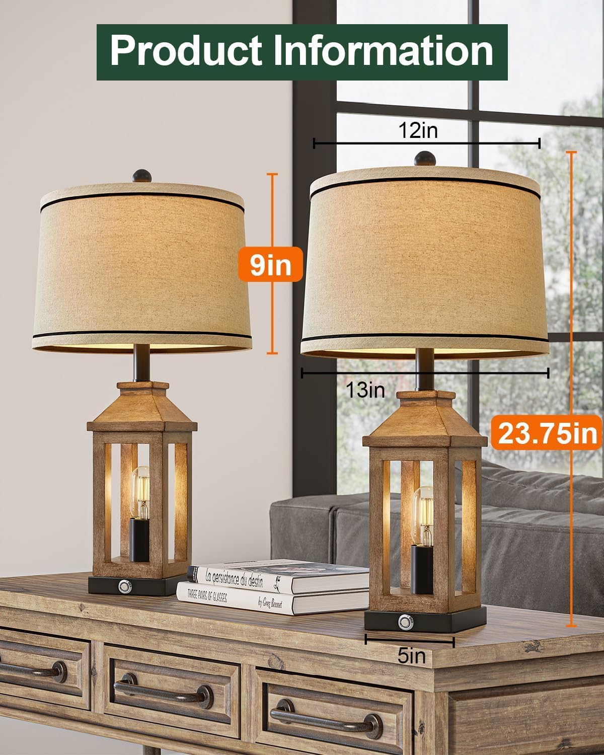 23.75" Farmhouse Dual USB Charging Ports 3-Way Dimmable Touch Control Table Lamp with Nightlight Vintage Modern Lamps for Living Room Bedroom